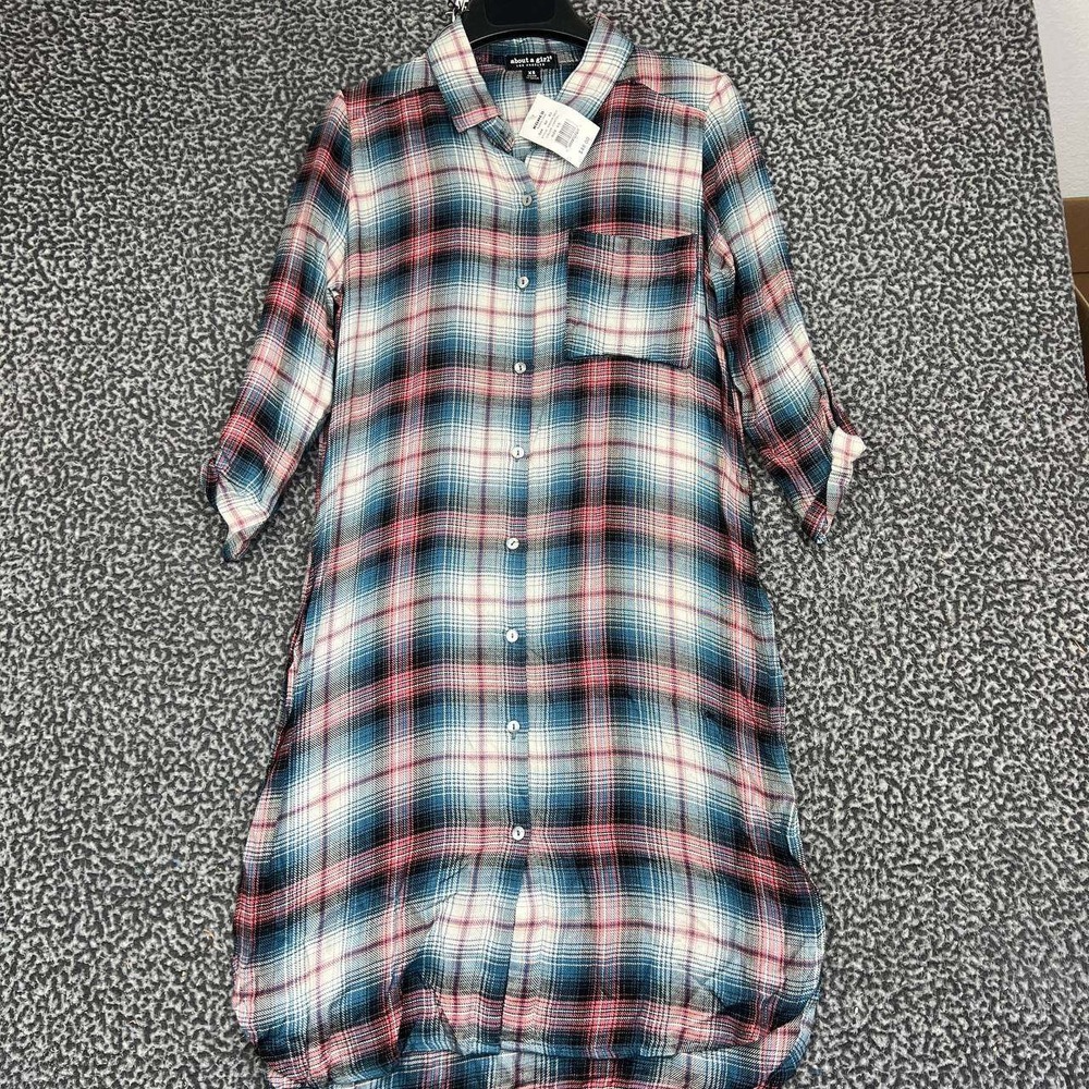 About A Girl Cortel Shirt Dress Women XS Plaid Button Front Blue Pink Rayon New